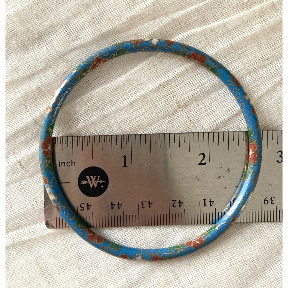 Vintage Cloisonné Bangle Bracelet Slim Blue Enamel Floral 7.5” - Picture 3 of 3